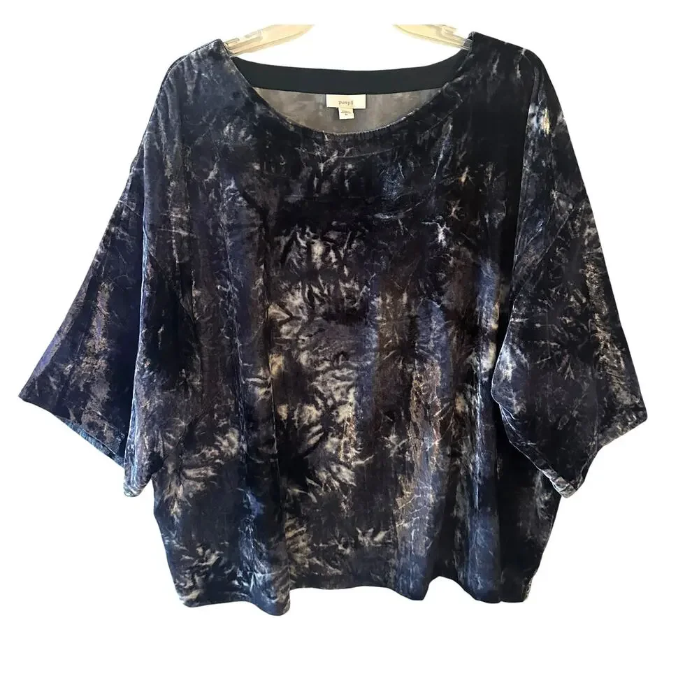 J. Jill Purejill Tie Dye Velvet Top Womens XL Blue Boxy Boat Neck Whimsygoth